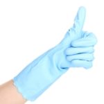 13862593 - hand in color cleaning glove isolated on white